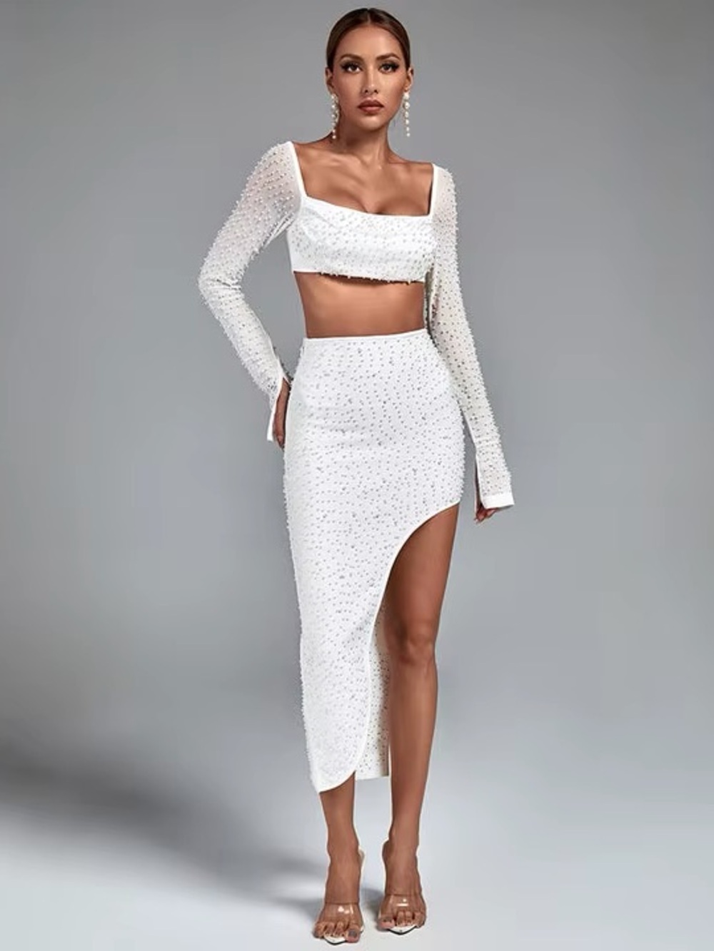 Oh Polly White Beaded Asymmetric High-Slit Midi Skirt
